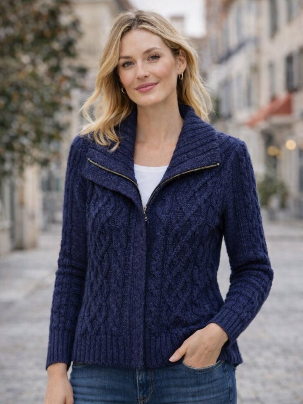 St. John's Bay Deep Blue Cable Knit, Zip-up Sweater, Size PS